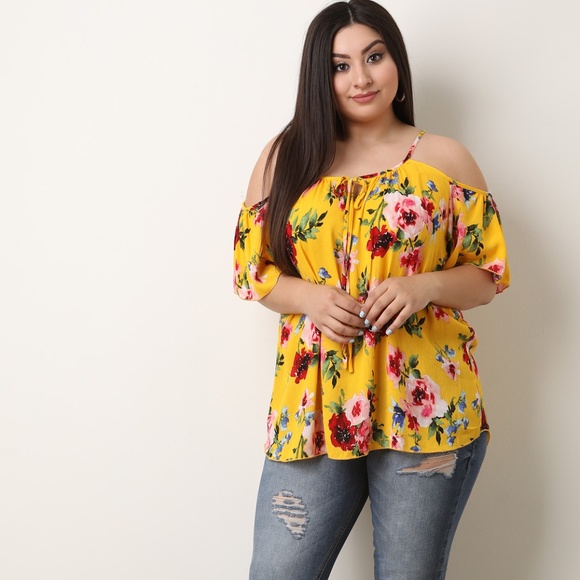 Tops - Floral Print Cold Shoulder Sleeve Top